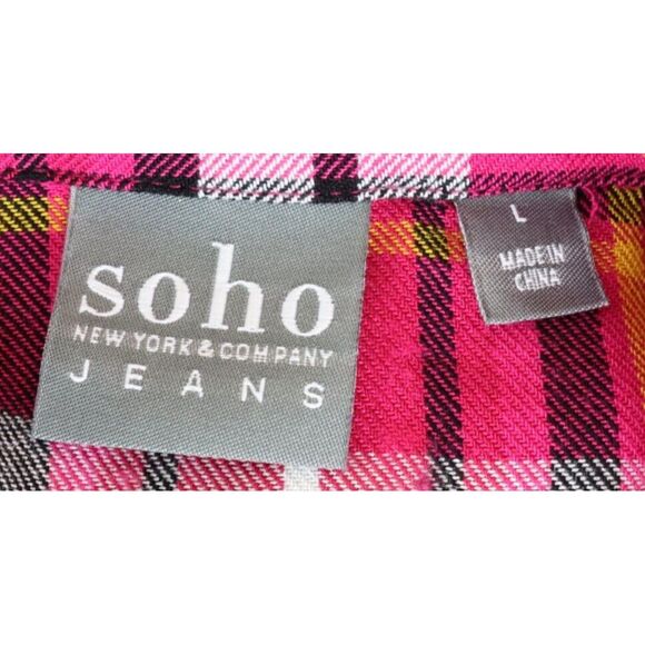 SOHO Button Up Shirt 3/4 Sleeves Womens Size L Pink Plaid Asymmetrical Hemline‎ - Picture 6 of 7